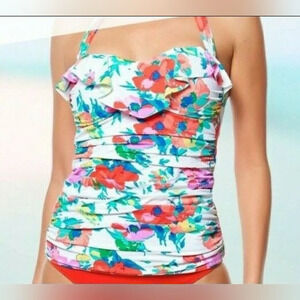Bleu Rod Beattie Floral Ruffle Tankini Top in White with Multicolor Floral Print